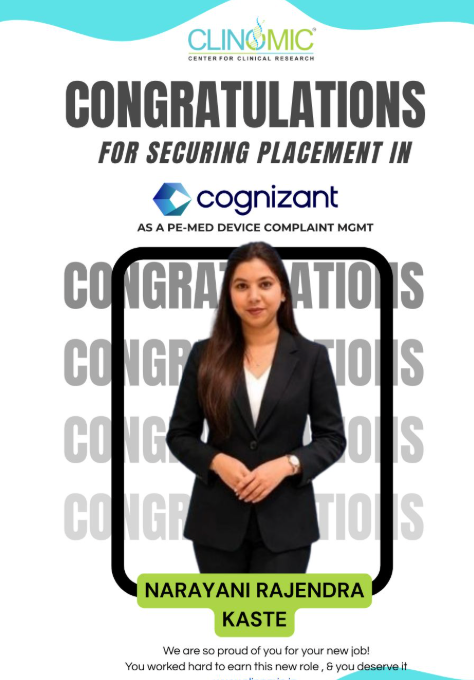 Narayani Rajendra Kaste placed as PE-Med Device Complaint Mgmt at Cognizant